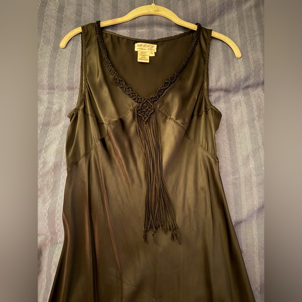 Max Studios Black Silk Maxi Dress with Fringe Detail